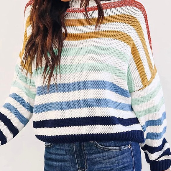 ZESICA Women's Long Sleeve Crew Neck Striped Color Block Casual Loose Knitted - Picture 3 of 4